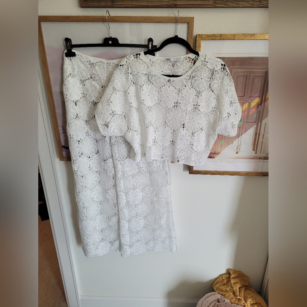 ZARA SUMMER CROCHET SET WHITE BEACH COVER UP OR BEACH PARTY LARGE BLOGGERS FAV